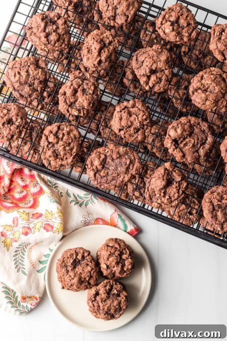 Freshly baked Double Chocolate Oatmeal Cookies cooling on a rack
