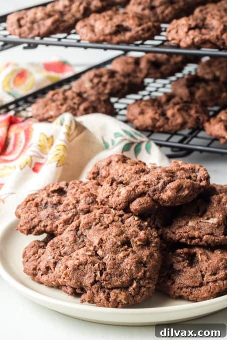 A stack of Double Chocolate Oatmeal Cookies