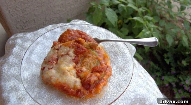 Baked Zucchini Parmesan, golden and bubbly, just removed from the oven.