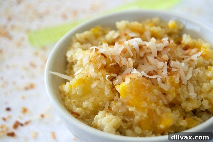 Paradise Quinoa Salad 2 This salad of pineapple, mango and Mandarin oranges mixed with quinoa cooked in coconut milk is sure to remind you of a beach and warmer weather!