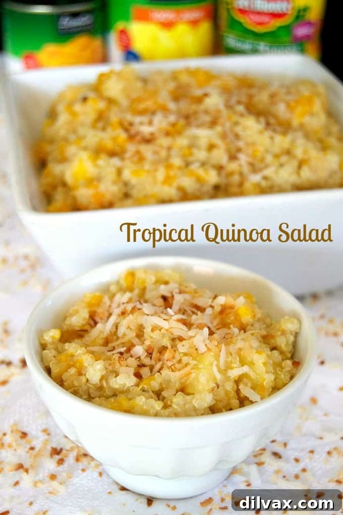 Paradise Quinoa Salad 3 This salad of pineapple, mango and Mandarin oranges mixed with quinoa cooked in coconut milk is sure to remind you of a beach and warmer weather!