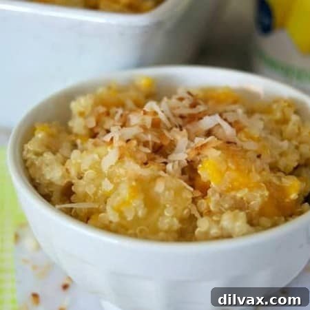 This salad of pineapple, mango and Mandarin oranges mixed with quinoa cooked in coconut milk is sure to remind you of a beach and warmer weather!