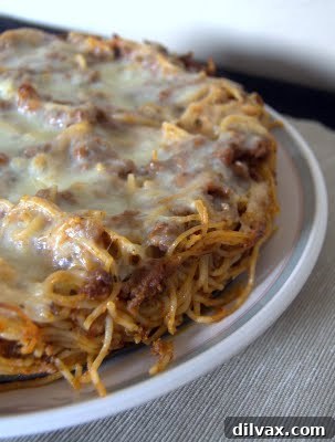 Freshly baked spaghetti pie, golden brown and cheesy