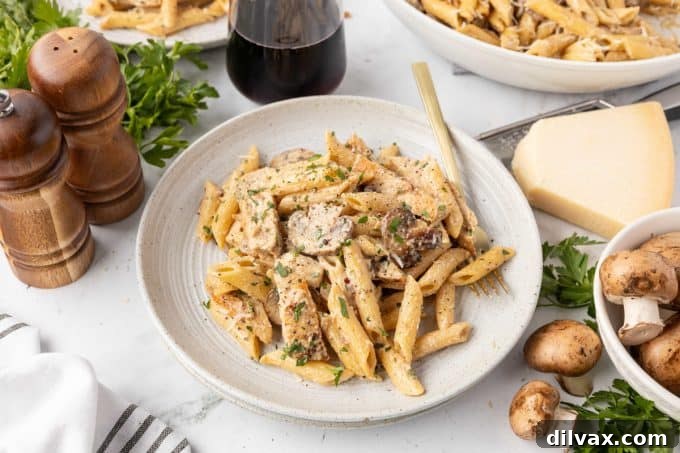 A vibrant plate of Creamy Chicken Mushroom Pasta with tender chicken, sautéed mushrooms, and a rich, white sauce.