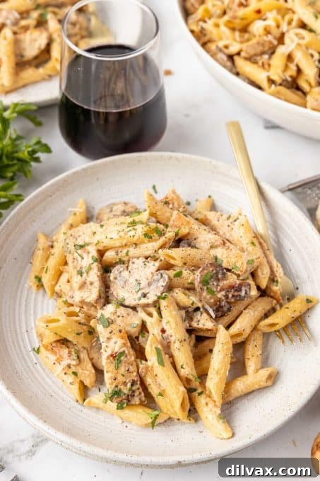 A hearty serving of creamy mushroom and chicken pasta, emphasizing its rich texture.