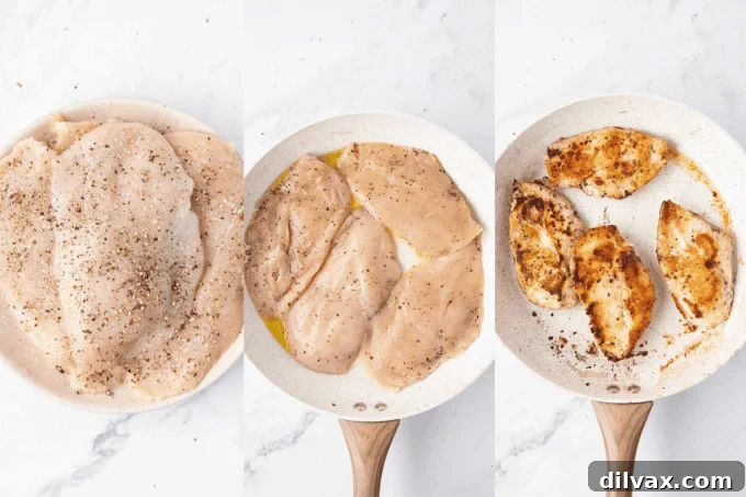Step-by-step process photo showing chicken searing in a hot skillet.