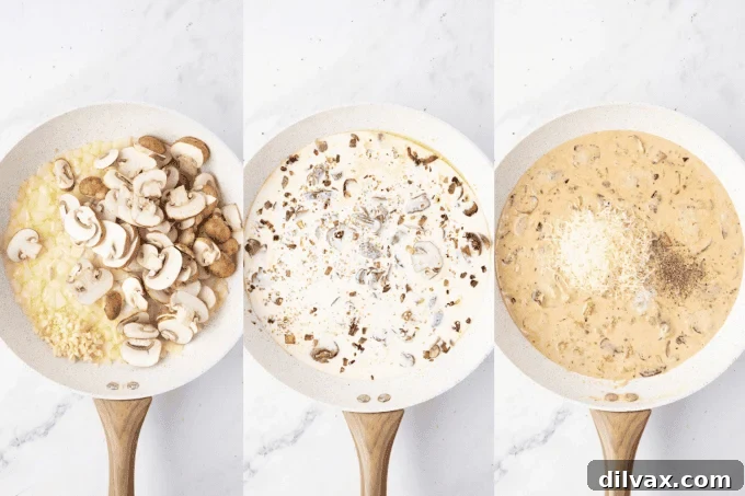 Process photo displaying onions and mushrooms sautéing in the same skillet after chicken has been removed.