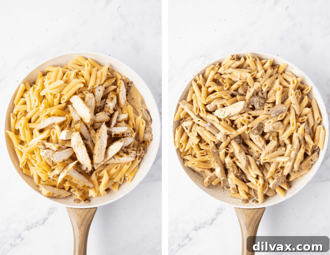 Image showing the creamy sauce thickening in the pan with mushrooms and onions.