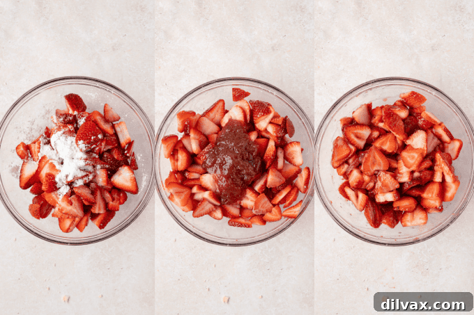 Second set of process photos for Easy Strawberry Bars: assembling layers