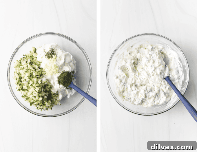 Effortless Greek Tzatziki Dip 5 Process photos showing how to prepare Tzatziki Sauce.