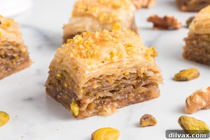 Classic Baklava dessert with a beautiful golden crust, topped with chopped pistachios