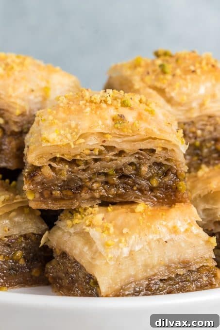 Layers of phyllo dough interleaved with a rich filling of walnuts and pistachios, ready to be soaked in honey syrup
