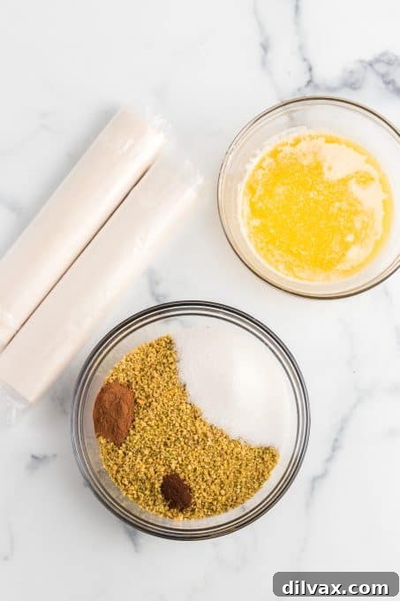 Close-up of the buttery, spiced nut filling mixture for Baklava