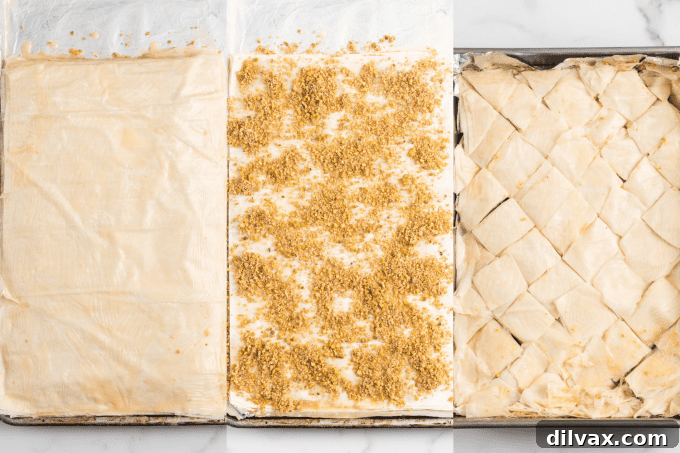 Step-by-step process photos showing how to assemble Baklava layers with phyllo dough, butter, and nut mixture