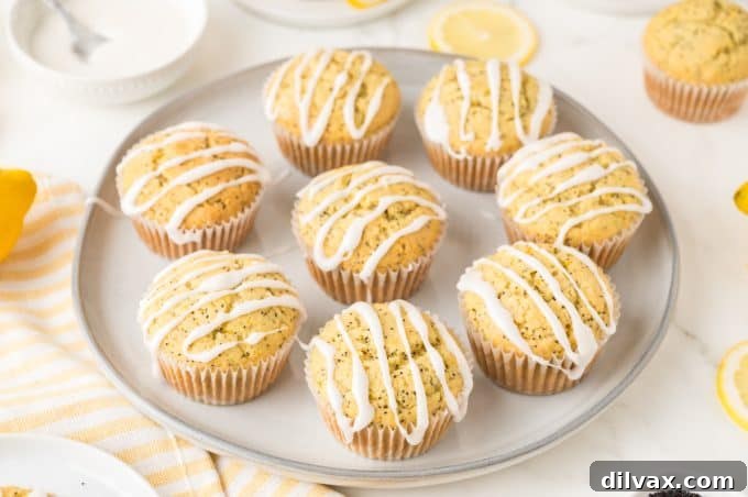 Freshly baked Lemon Poppy Seed Muffins on a cooling rack.