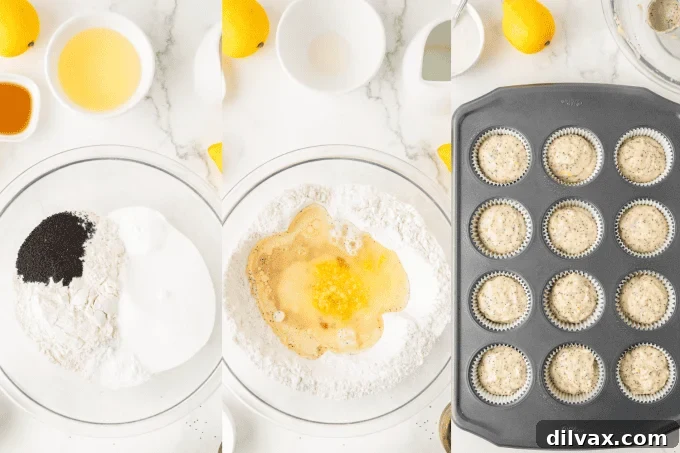 Step-by-step process photos for making Lemon Poppy Seed Muffins.