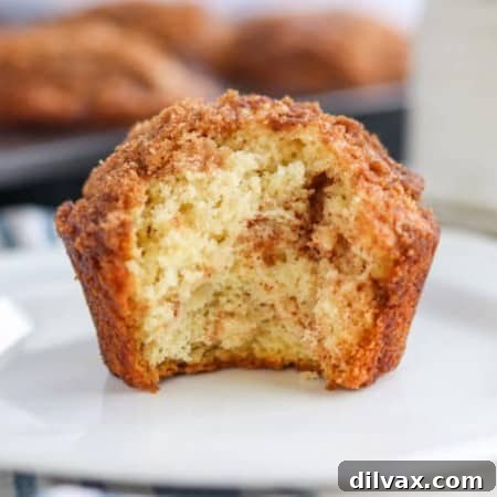 The inside of a muffin with cinnamon sugar streusel visible.