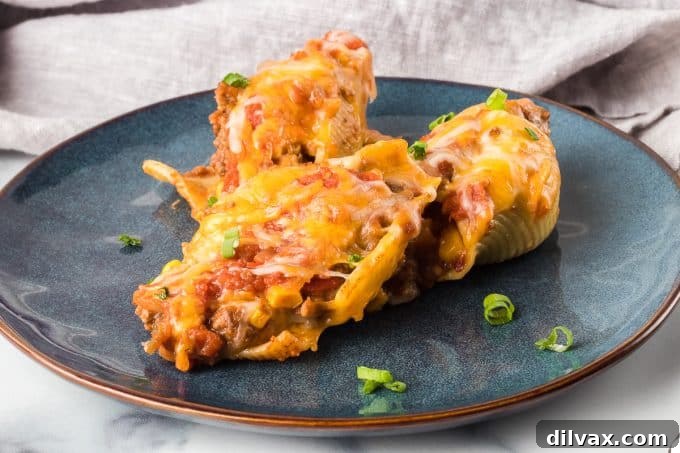 Tex-Mex Pasta Shells 2 Close-up of baked Taco Stuffed Shells in a casserole dish, topped with melted cheese and fresh herbs, ready to serve.