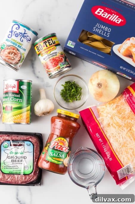 Tex-Mex Pasta Shells 4 Arrangement of fresh ingredients for Taco Stuffed Shells, including jumbo pasta shells, ground beef, spices, and vegetables.