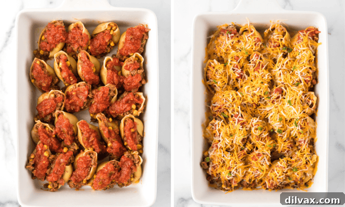 Tex-Mex Pasta Shells 6 Baked Taco Stuffed Shells fresh out of the oven, covered with melted cheese and ready to be served.