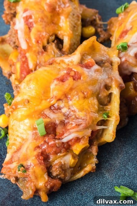 Tex-Mex Pasta Shells 9 Taco-flavored pasta shells piled high on a white plate, showing melted cheese and fresh green onions.