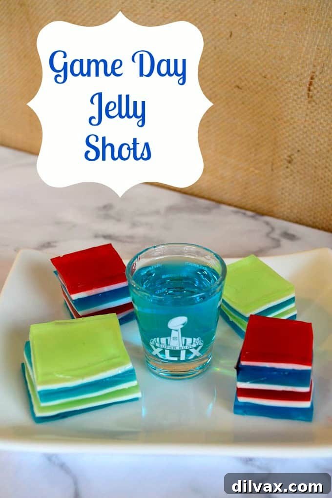 Assortment of Game Day Jelly Shots in red, white, and blue, ready to serve