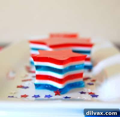 Red, white, and blue Patriotic Jelly Stars, a festive non-alcoholic dessert