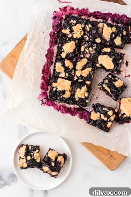 Delicious Blueberry Crumble Bars on a white plate