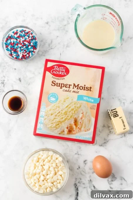Ingredients for 4th of July Gooey Butter Bars laid out on a table