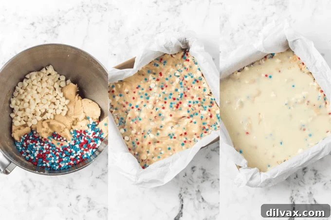 Process photos for making 4th of July Gooey Butter Bars