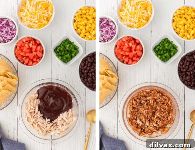 Process images showing shredded BBQ chicken being mixed and layered onto tortilla chips for nachos.