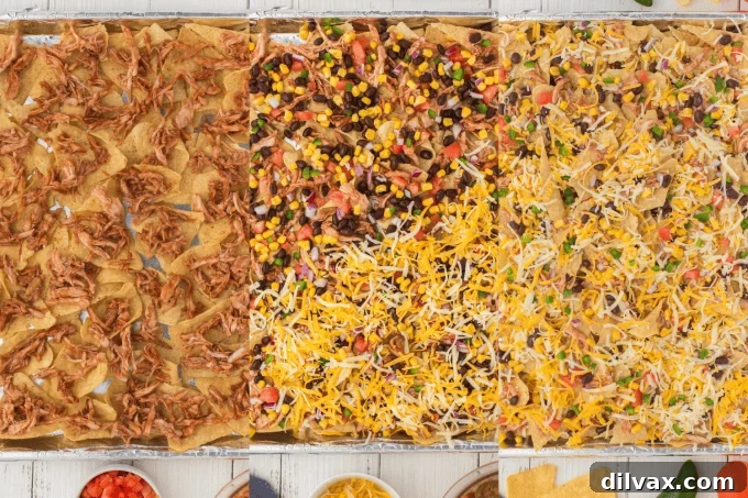 Second set of process photos for chicken nachos, showing layers of ingredients being assembled on a baking sheet.