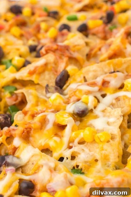 Plate of BBQ chicken and cheese nachos with a generous amount of toppings.