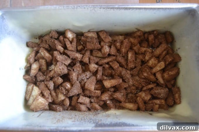 Layering diced apple mixture into the bottom of a loaf pan