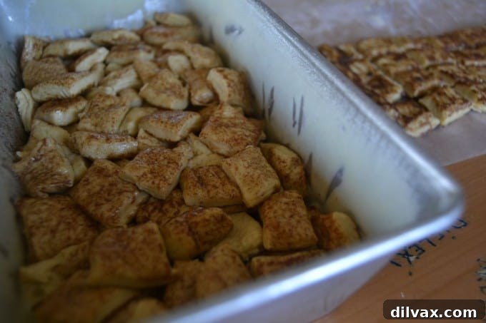 Placing the first layer of cut sweet roll dough pieces over the apples in the loaf pan