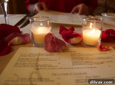 Celebrating 21 Years with Lemon Basil Cookies 4 Beautifully decorated table at T. Cook's with rose petals and candles for an anniversary celebration.
