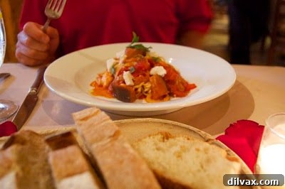 Celebrating 21 Years with Lemon Basil Cookies 5 Close-up of the House-Made Pasta with tomato-eggplant ragout and fresh mozzarella at T. Cook's.