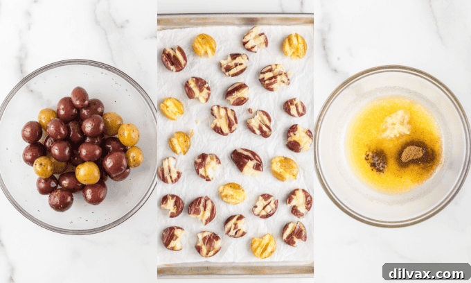 Fully Loaded Crispy Potatoes 5 A grid of four process photos showing the initial steps of preparing Loaded Smashed Potatoes: boiling, smashing, seasoning with butter and garlic, and arranging on a baking sheet.