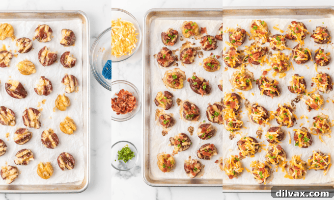 Fully Loaded Crispy Potatoes 6 A grid of process photos illustrating the final stages of making Loaded Smashed Potatoes: baking, topping with green onions and bacon, adding cheese, and baking again until golden.