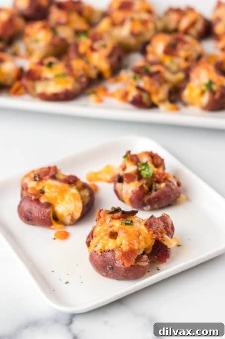 Fully Loaded Crispy Potatoes 8 A generous serving of crispy red potatoes topped with melted cheese, crumbled bacon, and green onions, presented beautifully.