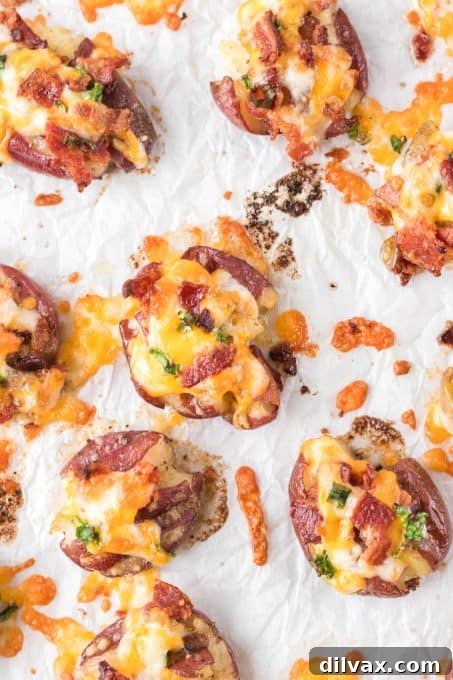 Fully Loaded Crispy Potatoes 9 A delicious close-up of cheesy, bacon-covered smashed potatoes, perfectly golden and ready to eat.