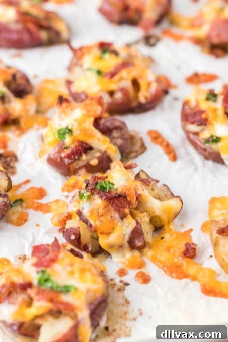 Fully Loaded Crispy Potatoes 10 A wide shot of a platter of golden brown Loaded Smashed Potatoes, garnished with fresh green onions, inviting to be enjoyed.