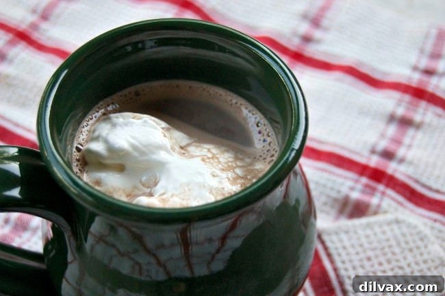 Mom It Forward Family Favorites 3 A steaming mug of Vanilla Malt Dark Hot Chocolate, topped with whipped cream and chocolate shavings, promises warmth and indulgence.