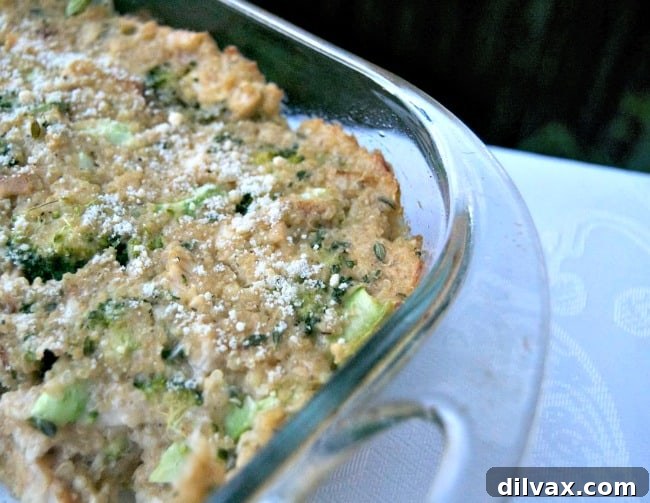 Mom It Forward Family Favorites 5 A comforting Chicken Quinoa Casserole, freshly baked and garnished with herbs, showcasing its golden crust and wholesome ingredients.