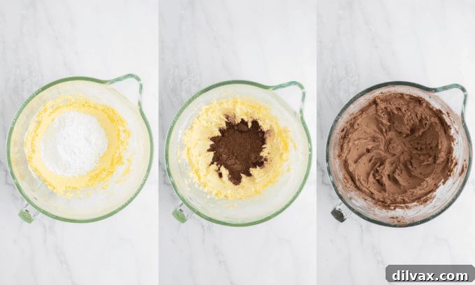 Process photos for Chocolate Buttercream to top the Buttermilk Chocolate Cake.