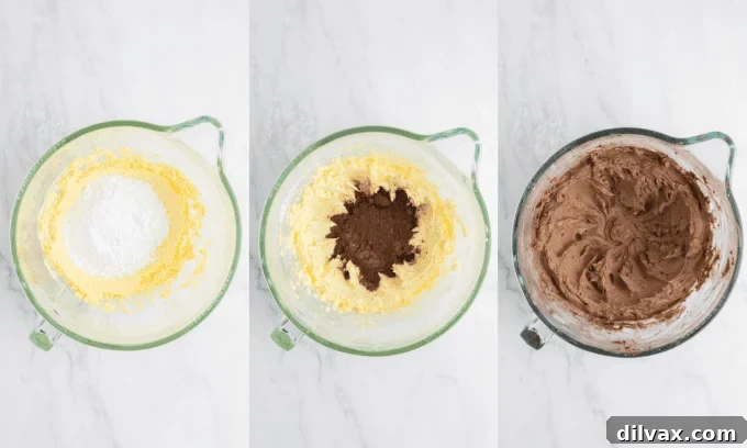 Velvet Buttermilk Chocolate Cake 7 Process photos for Chocolate Buttercream to top the Buttermilk Chocolate Cake, showing ingredients and mixing.