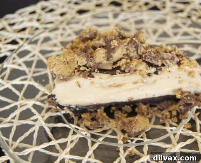 Silky No-Bake Peanut Butter Dream Pie 2 No-Bake Creamy Peanut Butter Pie with a crushed Oreo crust, creamy peanut butter filling, chocolate syrup, and Reese's Peanut Butter Cups