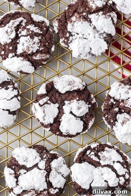 Snow-Kissed Fudge Crinkles 7 Chocolate Crinkle Cookies stacked on a plate, showing the rich texture and powdered sugar coating.
