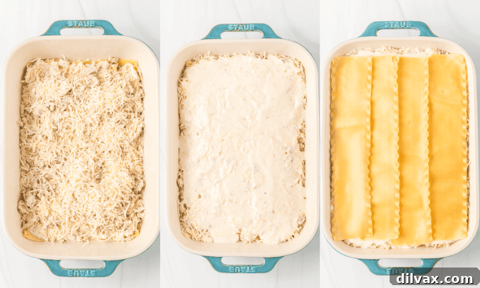 Step-by-step process photos for assembling Chicken Alfredo Lasagna.