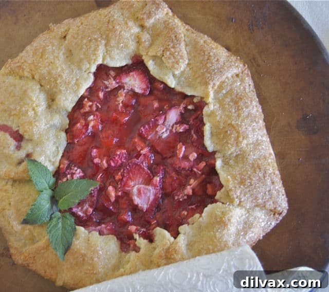 A beautifully baked Strawberry Rhubarb Galette, golden brown with a bubbling fruit filling, served with a dollop of homemade whipped cream.